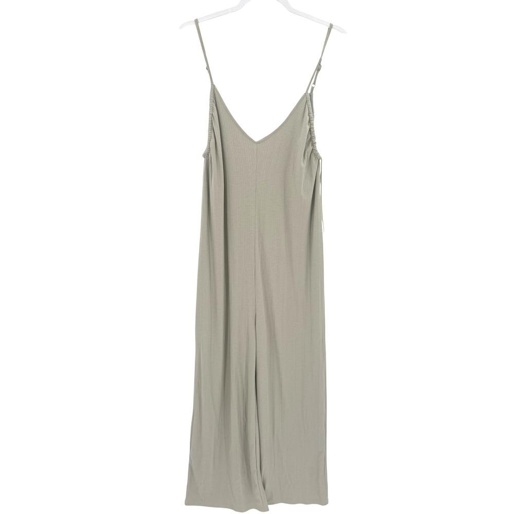 Very J Sage Green Ribbed Wide Leg Shapeless Jumpsuit Adjustable Straps Medium